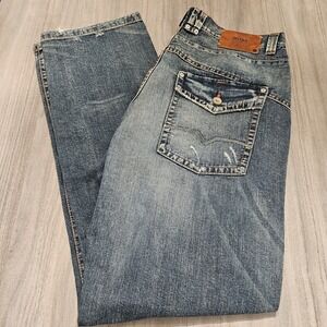 Hugo Boss HB83 Button Fly Jeans Men's 36x34 Flap Pockets Med Blue Distressed